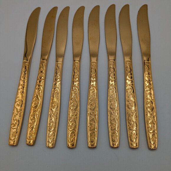 Americana Golden Heritage Flatware Golden Scroll 8 Dinner Knives 8" Vintage - Picture 3 of 9
